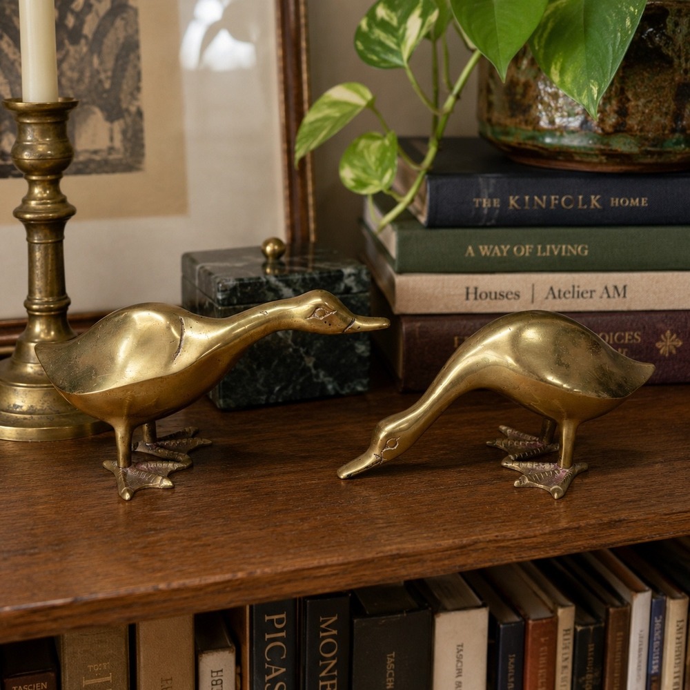 Vintage Brass Goose Figurines Pair Mid Century Shelf Decor Duck Statues MCM